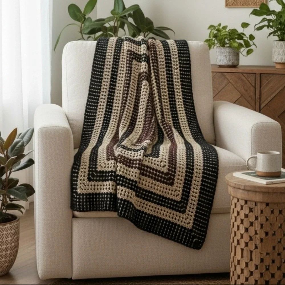 Vintage Handmade Crochet Afghan Granny Square‎ Blanket in Black Cream Brown Cozy